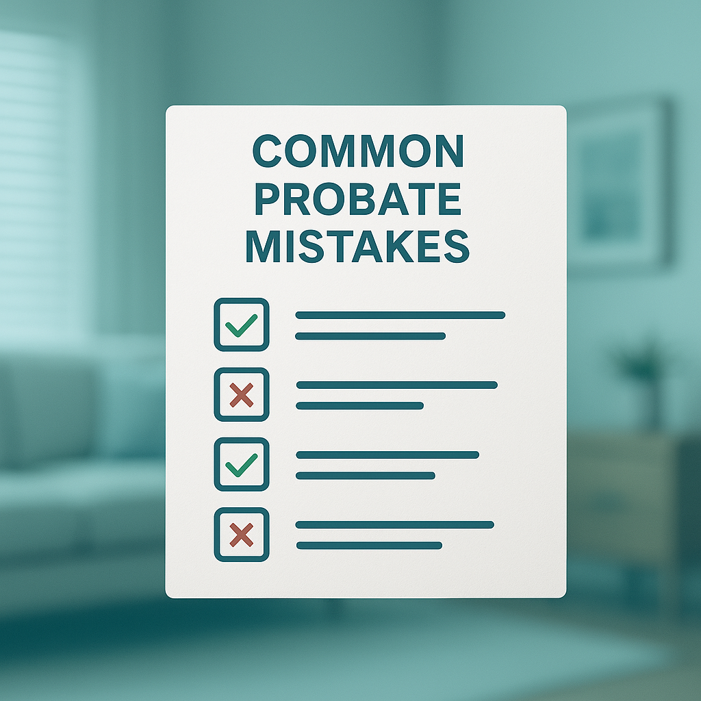 Checklist graphic showing common probate mistakes with checkmarks and X icons to highlight frequent errors in the probate process.