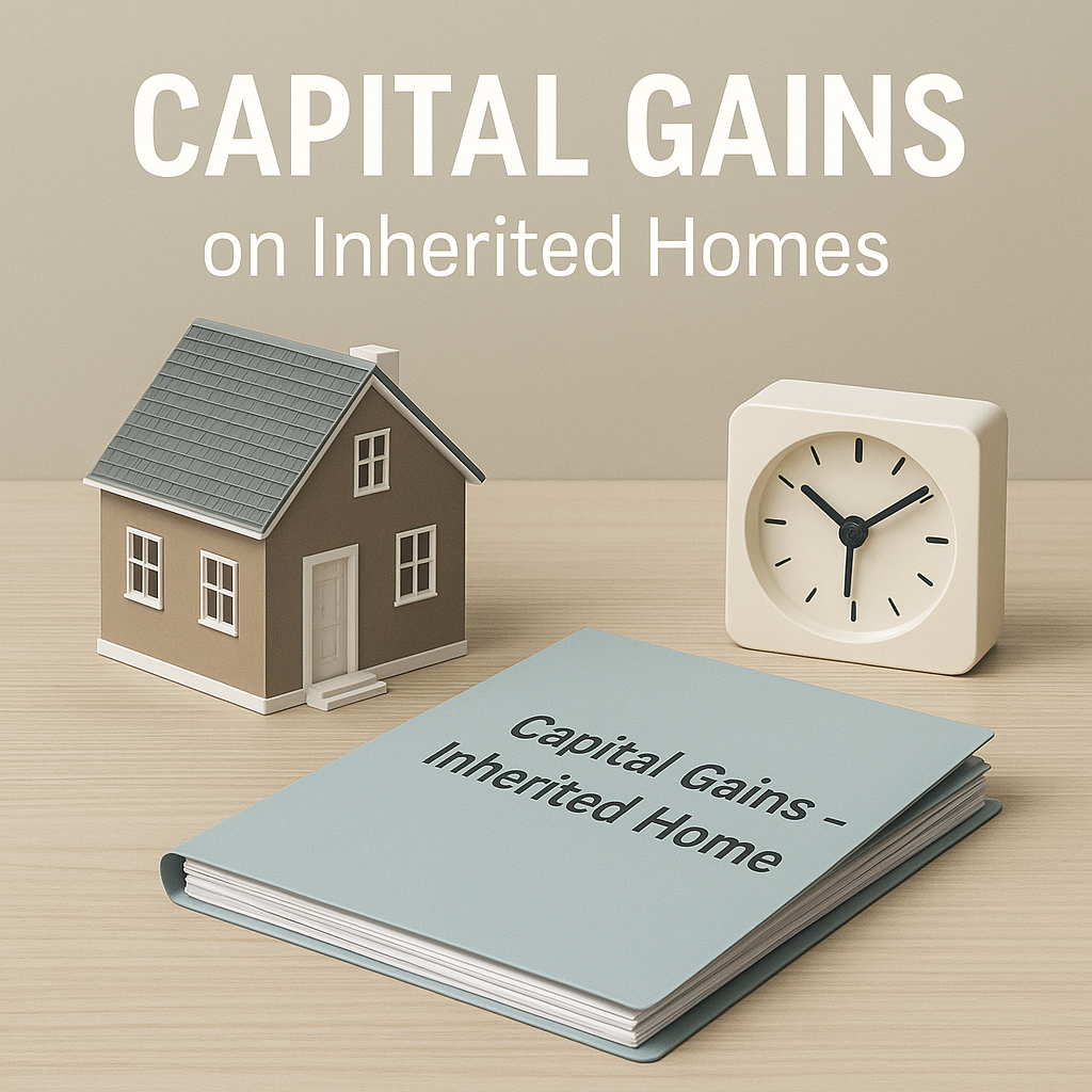 Capital gains on inherited homes graphic with model house, clock, and folder showing taxable inherited property in Oregon.