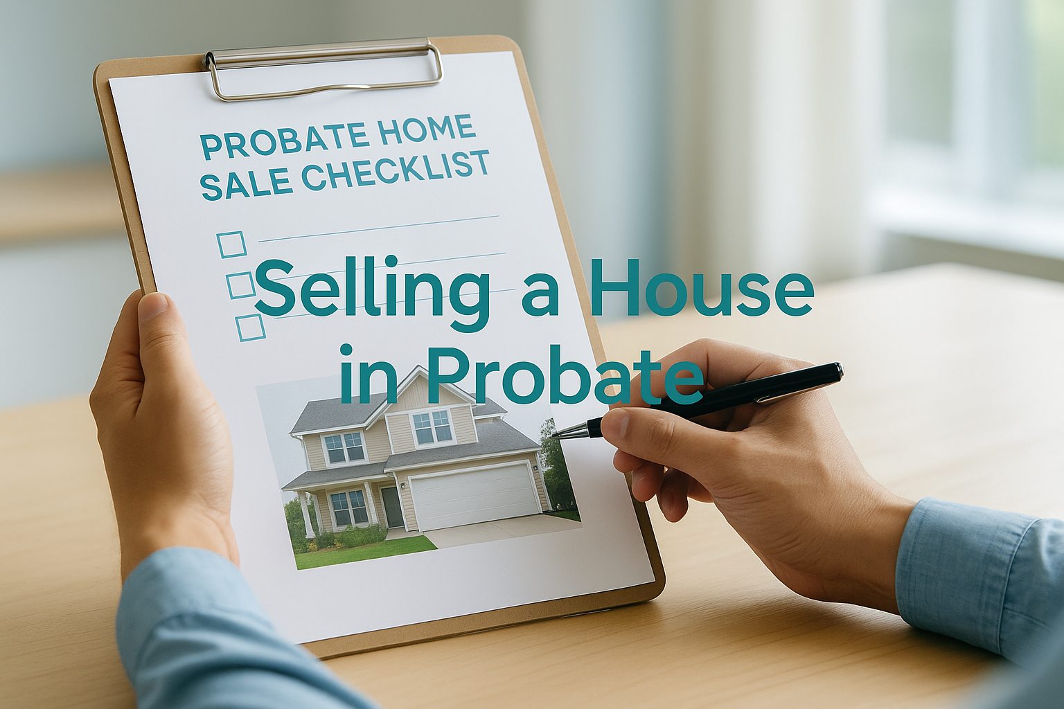 Probate home sale checklist on a clipboard with a Realtor reviewing steps for selling a house in probate.